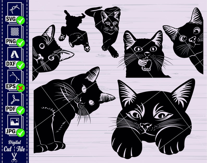 Op de afbeelding: Een digitaal snijbestand met vijf zwarte katten silhouetten in verschillende poses. De katten zijn afgebeeld in een eenvoudig, gestileerd ontwerp, met hun kenmerken in zwart gemarkeerd.