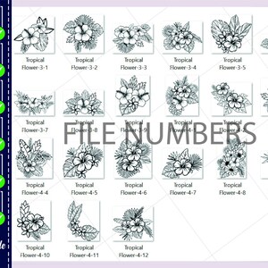 May include: A set of 12 black and white digital illustrations of tropical flowers. The flowers are drawn in a detailed, realistic style. The illustrations are perfect for use in crafting projects, scrapbooking, or digital design.