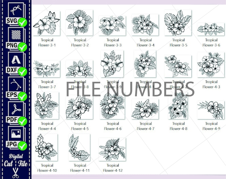 May include: A set of 12 black and white digital illustrations of tropical flowers. The flowers are drawn in a detailed, realistic style. The illustrations are perfect for use in crafting projects, scrapbooking, or digital design.