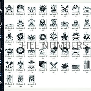 May include: A set of 48 black and white digital cut files featuring various mechanic themed designs. The designs include wrenches, gears, skulls, speedometers, and American flags.