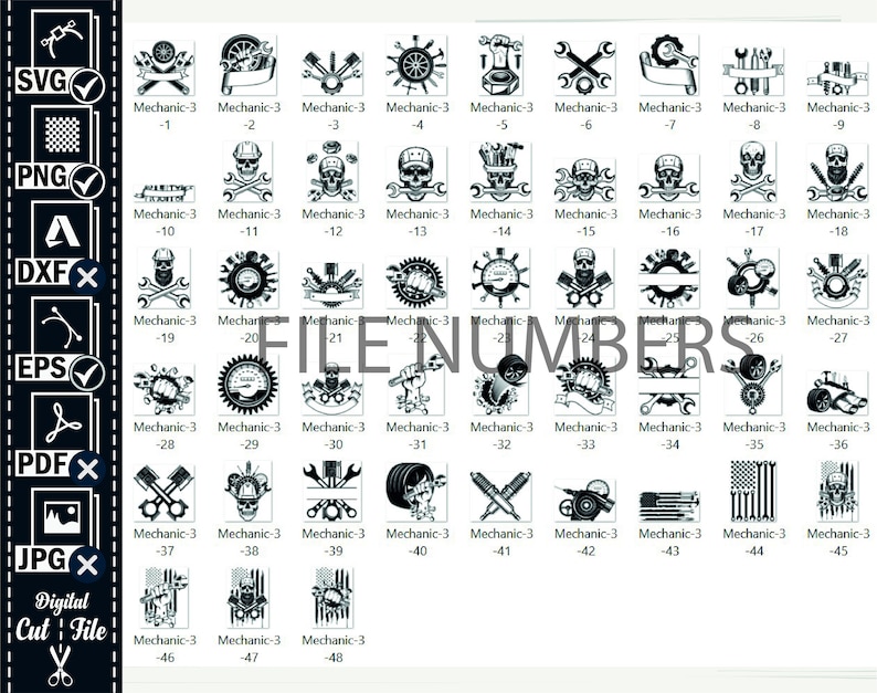 May include: A set of 48 black and white digital cut files featuring various mechanic themed designs. The designs include wrenches, gears, skulls, speedometers, and American flags.