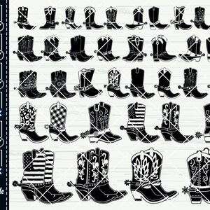 K&ouml;nnte beinhalten: Ein Set mit 20 schwarzen und wei&szlig;en Cowboy-Stiefel-Silhouetten-Schneidedateien. Die Stiefel sind in verschiedenen Stilen, darunter klassisch, spitz zulaufend und mit verschiedenen Designs am Schaft.