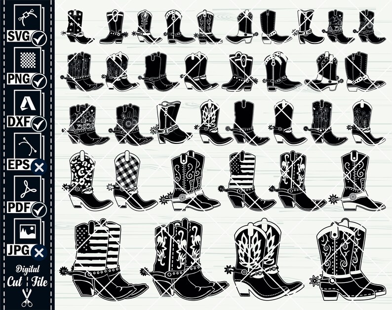 K&ouml;nnte beinhalten: Ein Set mit 20 schwarzen und wei&szlig;en Cowboy-Stiefel-Silhouetten-Schneidedateien. Die Stiefel sind in verschiedenen Stilen, darunter klassisch, spitz zulaufend und mit verschiedenen Designs am Schaft.