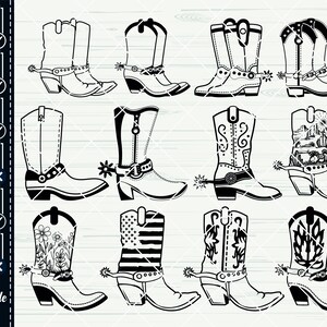 K&ouml;nnte beinhalten: Ein Set mit zehn schwarzen und wei&szlig;en Cowboy-Stiefel-Silhouetten-Schnittdateien. Die Stiefel haben verschiedene Designs, darunter florale, amerikanische Flaggen und geometrische Muster.