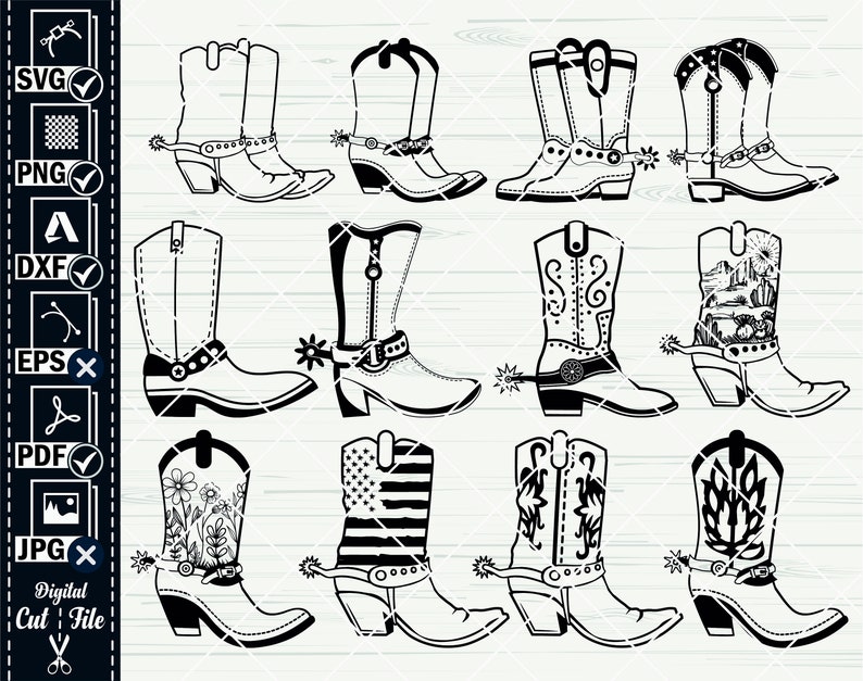 K&ouml;nnte beinhalten: Ein Set mit zehn schwarzen und wei&szlig;en Cowboy-Stiefel-Silhouetten-Schnittdateien. Die Stiefel haben verschiedene Designs, darunter florale, amerikanische Flaggen und geometrische Muster.