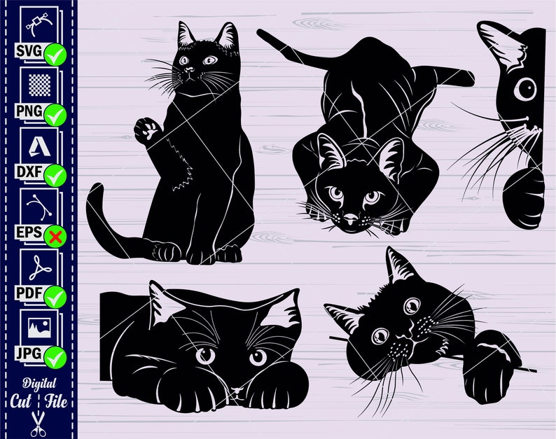 Op de afbeelding: Een digitaal snijbestand met vijf zwarte katten-silhouetten in verschillende poses. De katten kijken allemaal in verschillende richtingen en hebben verschillende uitdrukkingen. Het bestand is perfect voor het maken van knutselwerk, stickers en andere projecten.