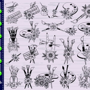 Floral Artist Supplies SVG, #3, bloemen palet Svg, bloem kwast svg, penselen Svg, pot met penselen Svg, bloemen Svg-bestand, Cricut
