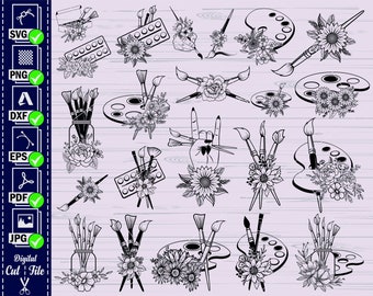 Floral Artist Supplies SVG, Paint Brush Clipart (Digital Files)
