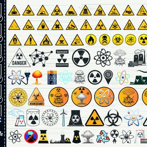 May include: A set of 50 black and yellow warning signs and symbols. The signs include radiation, biohazard, danger, and other safety symbols. The signs are in a variety of shapes and sizes.