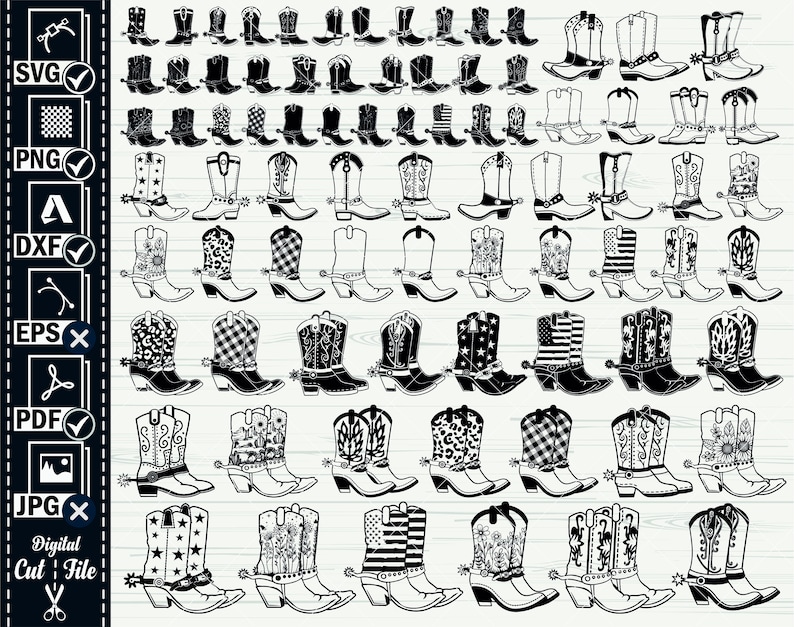 K&ouml;nnte beinhalten: Ein Set mit 48 schwarz-wei&szlig;en Cowboy-Stiefel-Illustrationen. Die Stiefel sind in verschiedenen Stilen, darunter Blumen, Karos und Sterne. Die Stiefel sind alle nach vorne gerichtet und haben einen Sporen an der Ferse.
