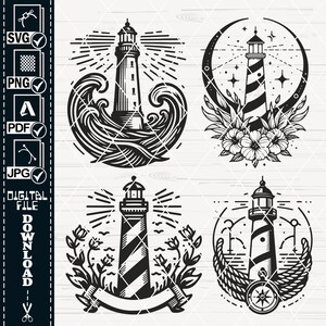 May include: Four black and white illustrations of lighthouses. The first shows a lighthouse with waves crashing around it. The second shows a lighthouse with flowers and stars. The third shows a lighthouse with a banner and flowers. The fourth shows a lighthouse with a compass and rope.