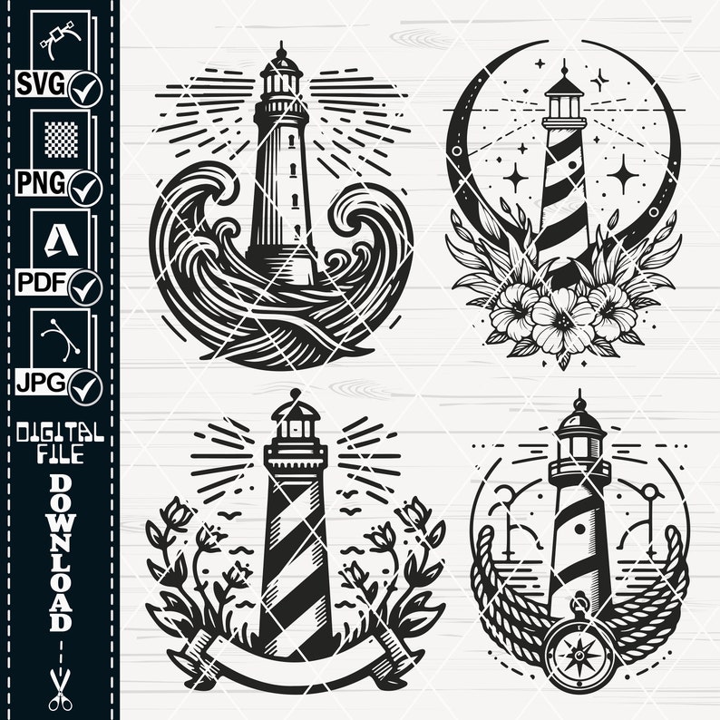May include: Four black and white illustrations of lighthouses. The first shows a lighthouse with waves crashing around it. The second shows a lighthouse with flowers and stars. The third shows a lighthouse with a banner and flowers. The fourth shows a lighthouse with a compass and rope.