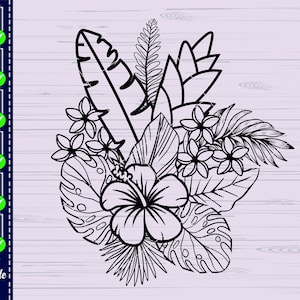 May include: Black and white line art illustration of tropical flowers and leaves. The design features a hibiscus flower, plumeria flowers, and various tropical leaves.