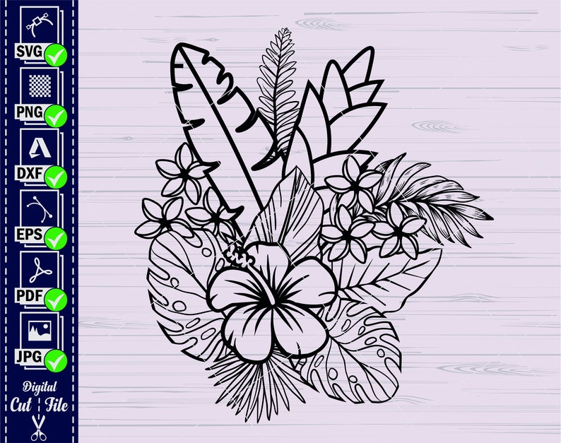 May include: Black and white line art illustration of tropical flowers and leaves. The design features a hibiscus flower, plumeria flowers, and various tropical leaves.