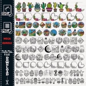 Cactus SVG MEGA Bundle, fichier coupé cactus, Svg scène désert, Svg scène cactus, montagne scène Svg, cactus patch Svg, svg succulente, svg Western