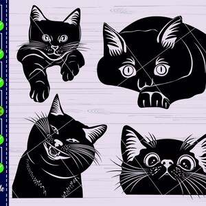 Op de afbeelding: Vier zwarte katten silhouetten in verschillende poses. De katten kijken allemaal naar voren met hun ogen open. De katten zijn allemaal in een eenvoudige, minimalistische stijl.