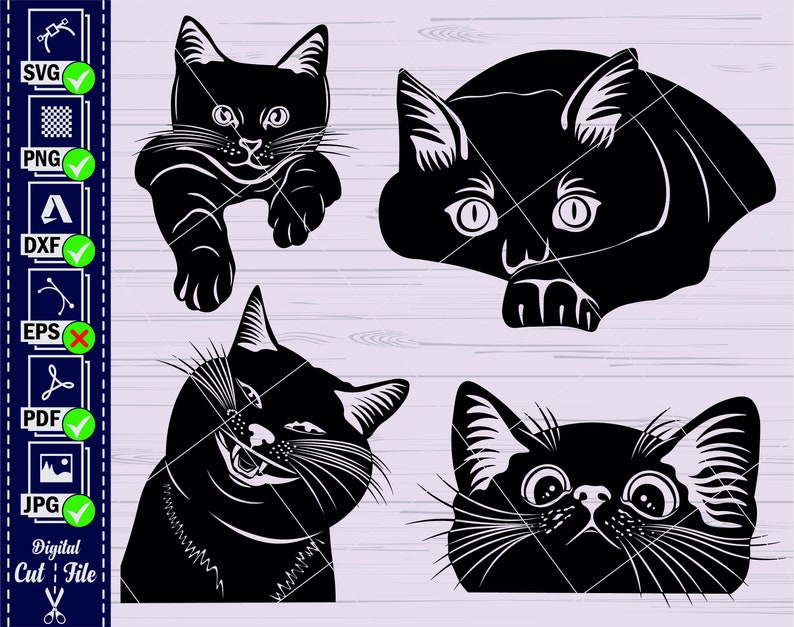 Op de afbeelding: Vier zwarte katten silhouetten in verschillende poses. De katten kijken allemaal naar voren met hun ogen open. De katten zijn allemaal in een eenvoudige, minimalistische stijl.