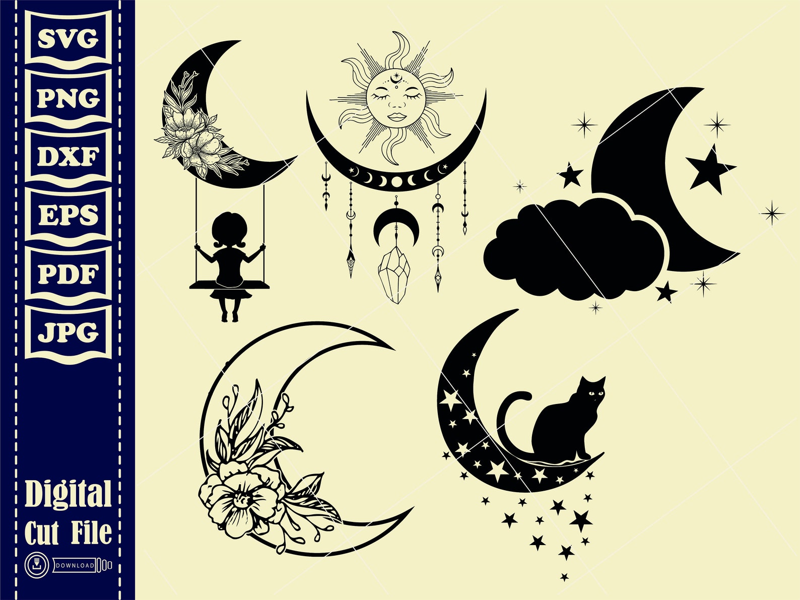 Flower Moon Svg 1 Crescent Moon Svg Flower Svg Floral Moon Etsy