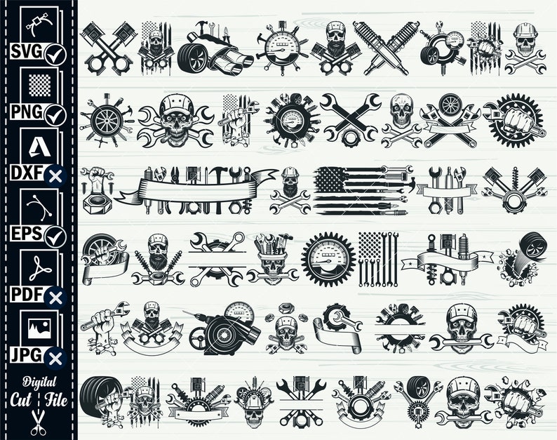 May include: A set of 30 black and white digital cut files featuring a skull wearing a hard hat and various automotive and mechanic tools. The designs include wrenches, gears, tires, and an American flag.