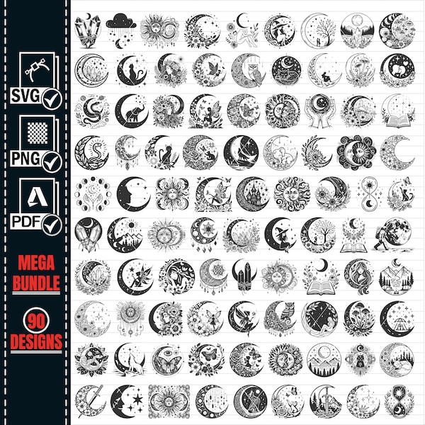 Mystical Moon SVG Mega Bundle, Celestial Vector Graphics (Digital Download)