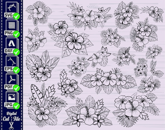Tropical Flower SVG Bundle, Hibiscus, Palm Leaf (Digital Download)