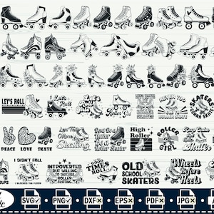 Può includere: Una collezione di illustrazioni digitali in bianco e nero con vari pattini a rotelle, pattini decorati con fiori e design tipografici con frasi come Let's Roll, Roller Girl e Old School Skaters per progetti creativi.