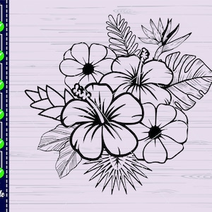May include: Black and white line art illustration of a bouquet of tropical flowers, including hibiscus and other tropical foliage.