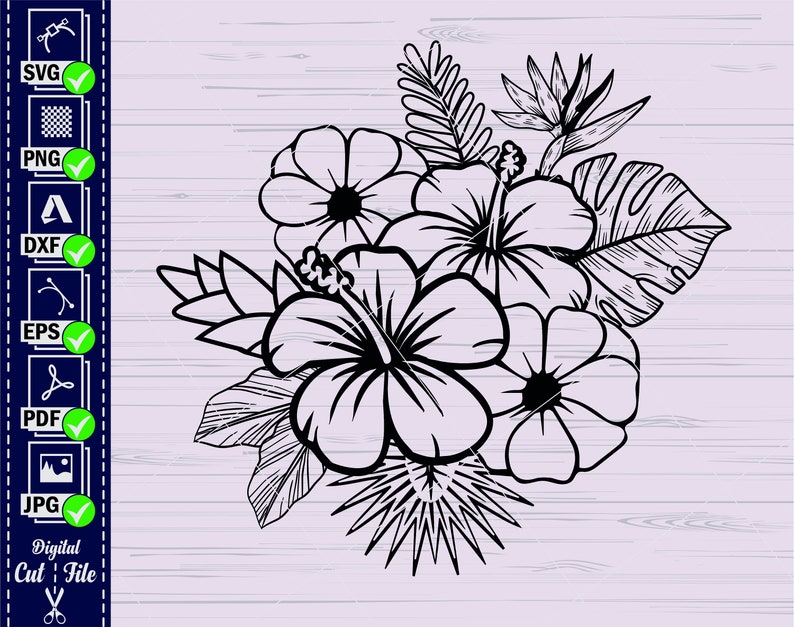 May include: Black and white line art illustration of a bouquet of tropical flowers, including hibiscus and other tropical foliage.