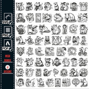 May include: A set of 61 black and white digital illustrations of rats in various poses and situations. The rats are depicted in a cartoon style and are wearing different outfits and accessories. Some of the rats are holding objects, such as a guitar, a baseball bat, a fishing rod, and a cup of coffee. Others are engaged in activities, such as surfing, riding a bicycle, and playing the drums. The illustrations are perfect for use in a variety of creative projects, such as t-shirt designs, greeting cards, and social media posts.
