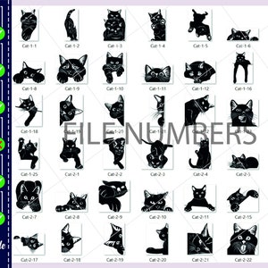Op de afbeelding: Een set van 24 zwarte katten silhouetten in verschillende poses, beschikbaar als digitaal snijbestand. De katten zijn gerangschikt in een raster met het bestandsnummer en de naam van elke kat eronder.