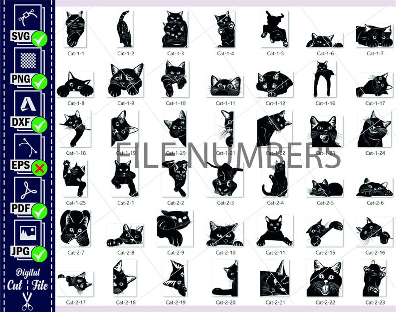 Op de afbeelding: Een set van 24 zwarte katten silhouetten in verschillende poses, beschikbaar als digitaal snijbestand. De katten zijn gerangschikt in een raster met het bestandsnummer en de naam van elke kat eronder.