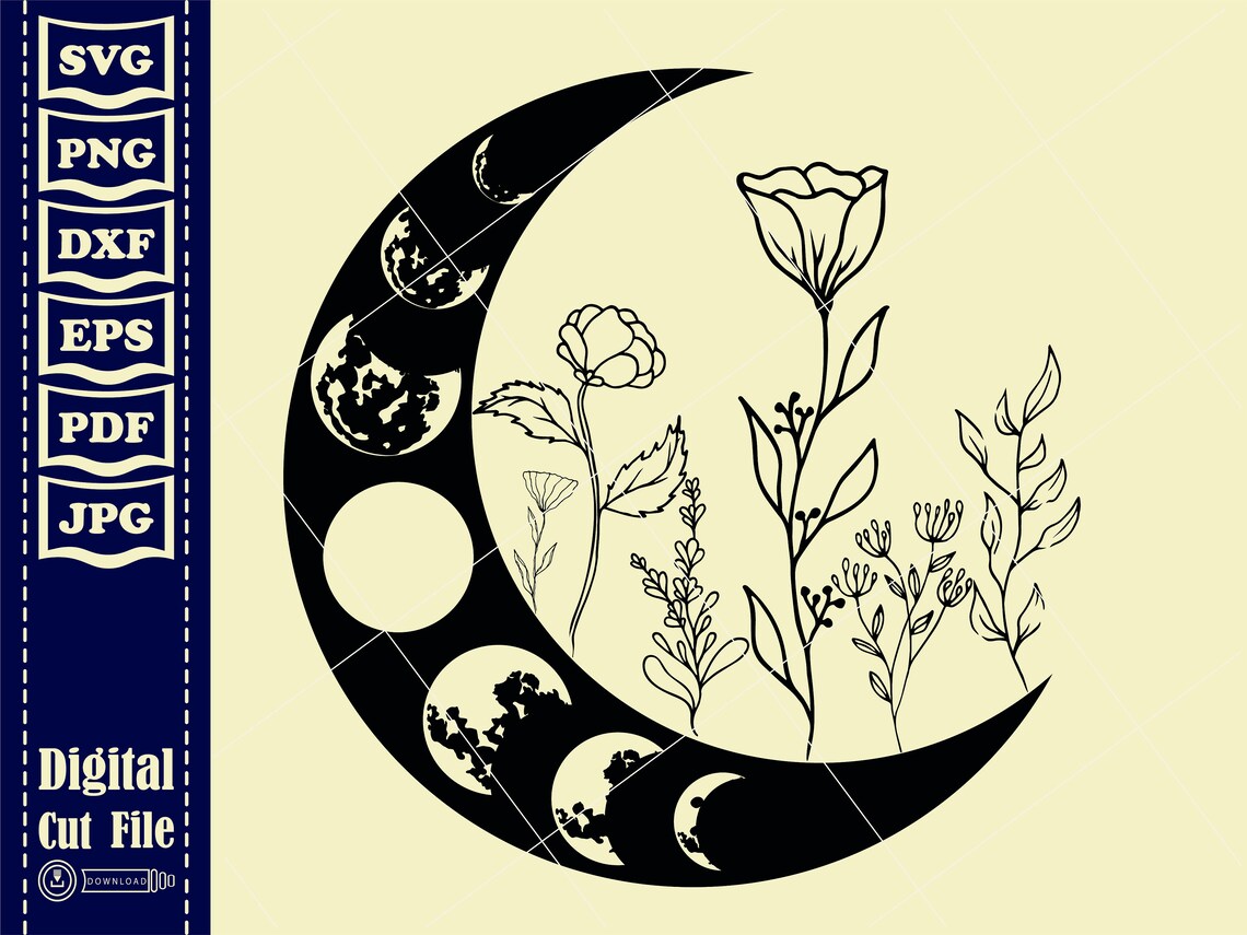Flower Moon Svg 1 Crescent Moon Svg Flower Svg Floral Moon Etsy