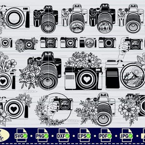 May include: A collection of black and white digital illustrations featuring cameras decorated with floral arrangements, heart symbols, and mountain landscape scenes. The set includes various camera styles and compositions, with some designs incorporating hands holding the cameras.