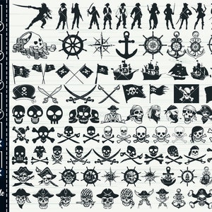 Pirate SVG, lot de pirates SVG, fichiers coupés pirate, Silhouette de pirate, Svg de carte de pirate, Svg de tête de mort, Svg d'os croisés, Clipart pirate, bateau Svg, Png