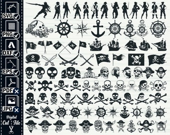 Pirate SVG, Pirate SVG Bundle, Pirate Cut Files, Pirate Silhouette, Pirate Map Svg, Skull Svg, Crossbones Svg, Pirate Clipart, Boat Svg, Png