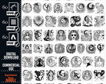 May include: A set of 60 black and white digital illustrations featuring celestial women with moons, stars, and other celestial elements. The illustrations are perfect for use in digital projects, such as website design, social media graphics, and printable art.