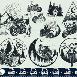 May include: A collection of black and white digital illustrations featuring motorcycles, riders, and scenic landscapes including mountains, forests, and celestial bodies. The set includes various circular and triangular compositions with detailed line art.