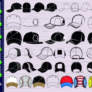 May include: A set of 24 baseball cap designs in various colors and patterns, including black, white, red, blue, and yellow. The designs include solid colors, stripes, and animal prints. The caps are all in a front view, with the brim facing the viewer.