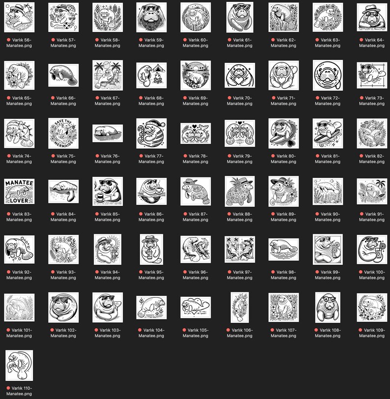 May include: A collection of 110 black and white illustrations of manatees in various poses and settings. The manatees are depicted with different expressions, wearing hats, sunglasses, and holding objects. Some manatees are surrounded by flowers, palm trees, and other tropical elements. The illustrations are perfect for use in digital and printed projects.