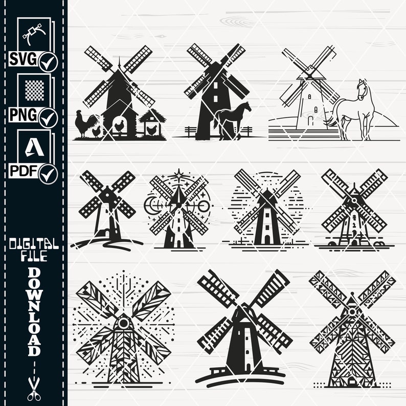 Farm Windmill SVG Cut Files, Floral Windmill Clipart (digital Download ...
