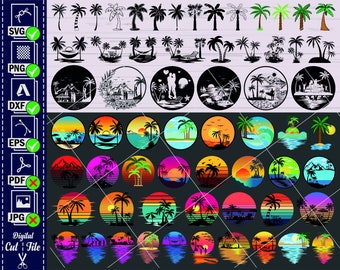ヤシの木の夕日（SVG、PNG、DXF、EPS）カットファイル