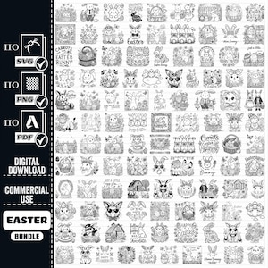 May include: A set of 64 black and white digital illustrations featuring Easter bunnies, carrots, eggs, and other Easter-themed imagery. The illustrations are perfect for crafting, scrapbooking, and other creative projects.
