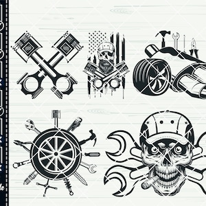 May include: A set of five black and white vector illustrations featuring automotive and mechanic themes. The illustrations include a pair of crossed pistons, a car with exhaust pipes, a tire surrounded by tools, a skull with wrenches, and a skull with a beard and an American flag.
