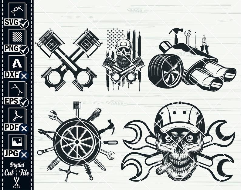 May include: A set of five black and white vector illustrations featuring automotive and mechanic themes. The illustrations include a pair of crossed pistons, a car with exhaust pipes, a tire surrounded by tools, a skull with wrenches, and a skull with a beard and an American flag.