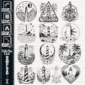 May include: A set of 12 black and white illustrations featuring lighthouses in various styles. The lighthouses are surrounded by different elements, such as waves, stars, palm trees, and flowers. The illustrations are perfect for use in digital projects, such as website design, social media graphics, and printable art.