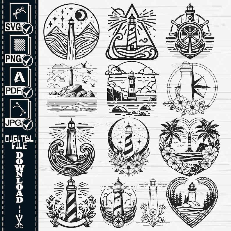 May include: A set of 12 black and white illustrations featuring lighthouses in various styles. The lighthouses are surrounded by different elements, such as waves, stars, palm trees, and flowers. The illustrations are perfect for use in digital projects, such as website design, social media graphics, and printable art.