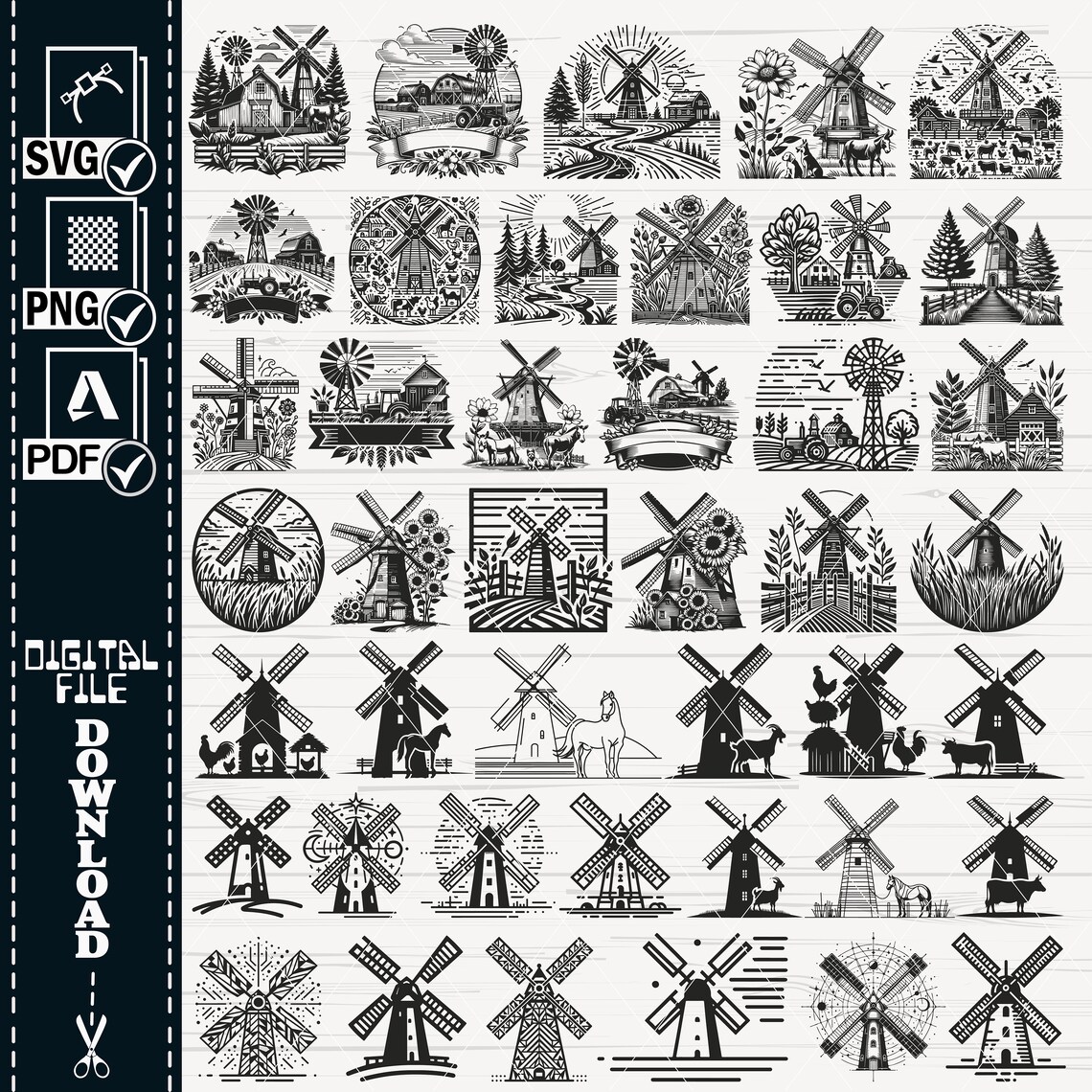 Farm Windmill SVG Cut Files, Floral Windmill Clipart (digital Download ...