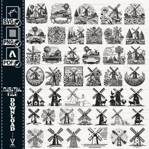 Może przedstawiać: Zestaw 48 czarno-białych ilustracji wektorowych wiatraków. Ilustracje przedstawiają różne style wiatraków, w tym tradycyjne holenderskie wiatraki, nowoczesne wiatraki i wiatraki z różnymi rodzajami łopat. Ilustracje idealnie nadają się do wykorzystania w różnych projektach, takich jak projektowanie stron internetowych, projektowanie druku i grafika mediów społecznościowych.