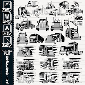 May include: A digital download of 20 black and white illustrations of semi-trucks. The trucks are shown in various poses, including driving, parked, and with trailers. Some of the trucks are shown with American flags.