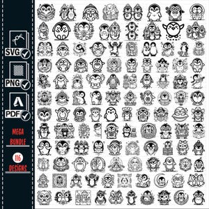 Mega Bundle de pingüinos SVG PNG, corona de flores de pingüino SVG, archivo de corte de pingüino, pingüino con flores en la cabeza, cara de pingüino linda svg, clipart vectorial